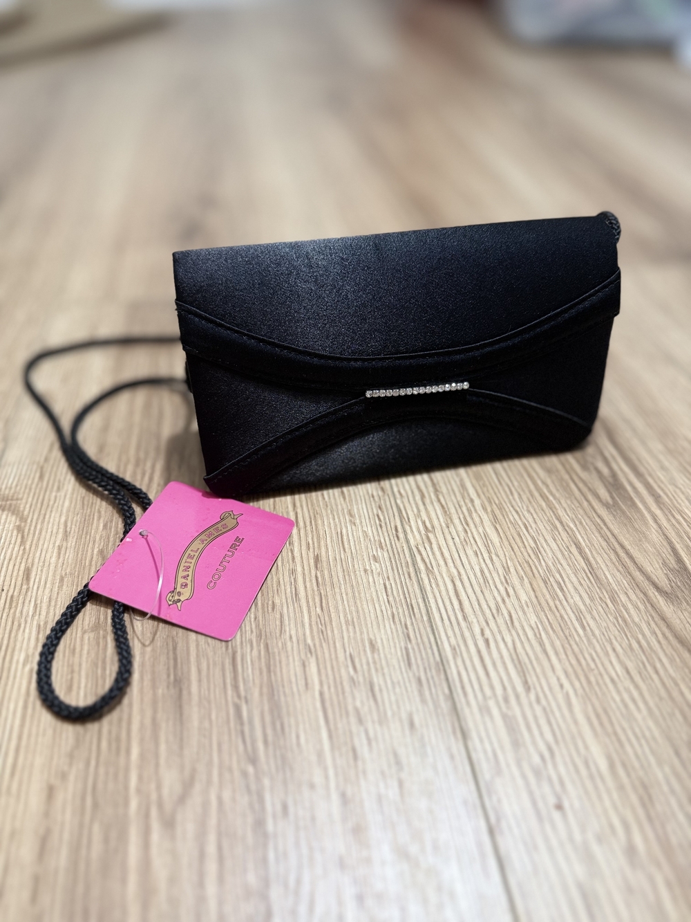 Black Satin Evening Clutch with Rhinestone Accent